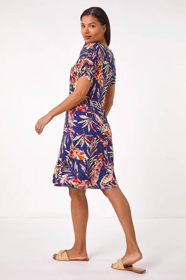 Roman Navy Leaf Print Short Dress