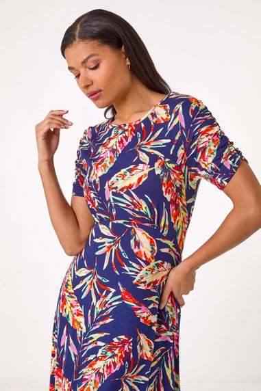 Roman Navy Leaf Print Short Dress