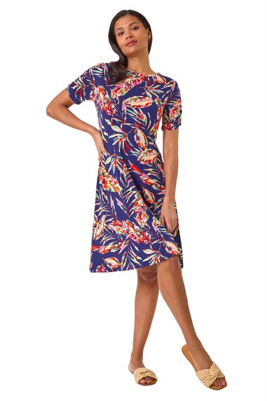 Roman Navy Leaf Print Short Dress