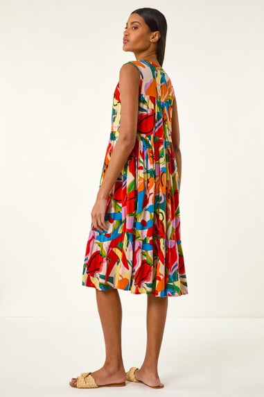 Roman Multi Abstract Print Tiered Midi Dress