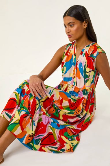 Roman Multi Abstract Print Tiered Midi Dress