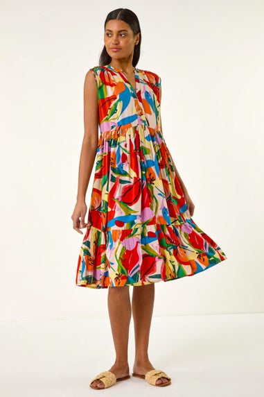 Roman Multi Abstract Print Tiered Midi Dress