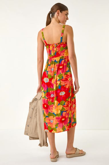 Roman Pink Floral Print Button Midi Sundress