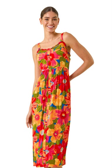 Roman Pink Floral Print Button Midi Sundress