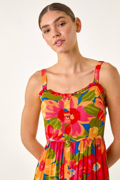 Roman Pink Floral Print Button Midi Sundress