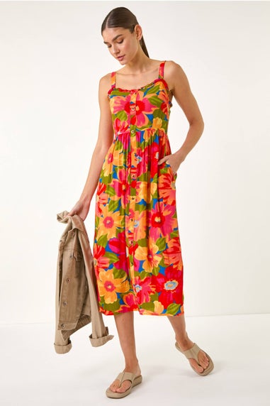 Roman Pink Floral Print Button Midi Sundress