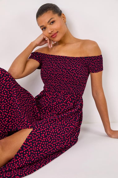 Roman Pink Spot Print Shirred Bardot Maxi Dress