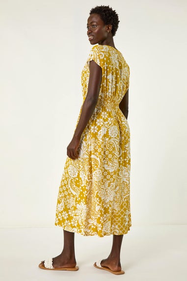 Roman Amber Leaf Print Button Midi Dress