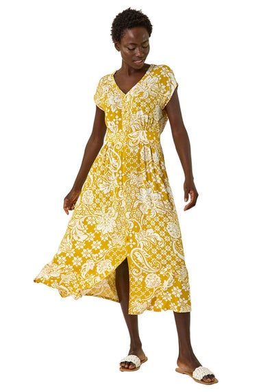 Roman Amber Leaf Print Button Midi Dress