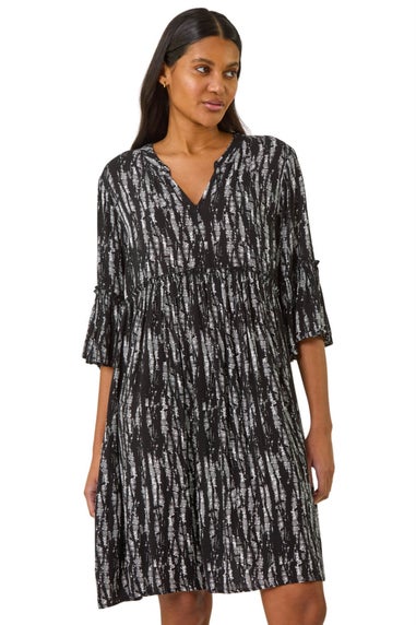 Roman Black Abstract Crinkle Smock Dress