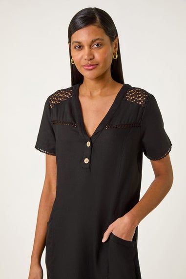 Roman Black Linen Mix Button Shift Dress