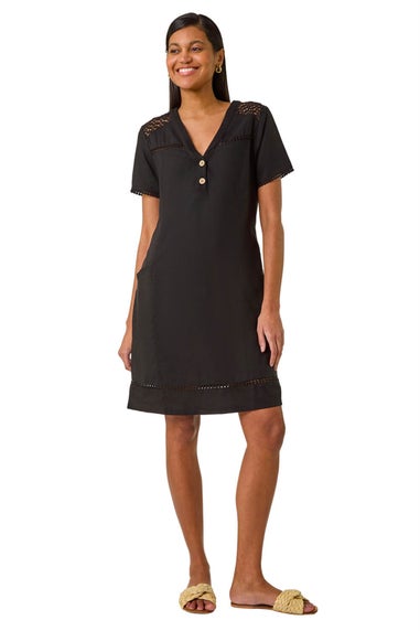 Roman Black Linen Mix Button Shift Dress