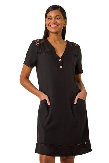 Roman Black Linen Mix Button Shift Dress