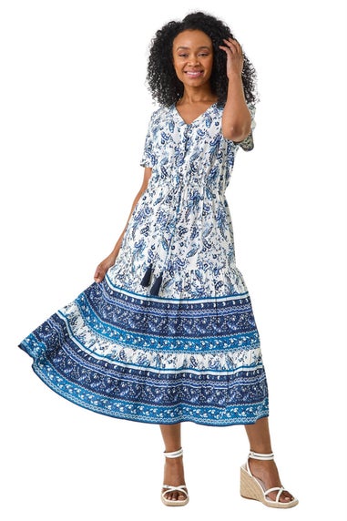 Roman Blue Petite Paisley Print Midi Dress