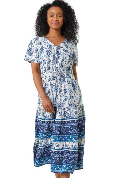 Roman Blue Petite Paisley Print Midi Dress