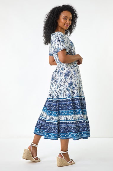Roman Blue Petite Paisley Print Midi Dress