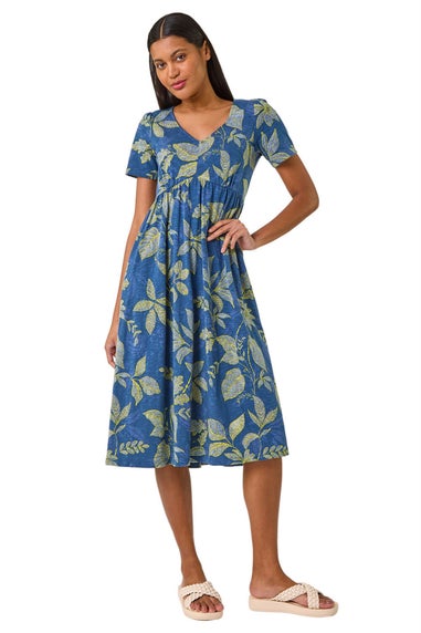 Roman Denim Leaf Print Stretch Midi Dress