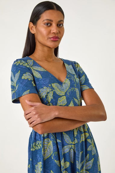 Roman Denim Leaf Print Stretch Midi Dress