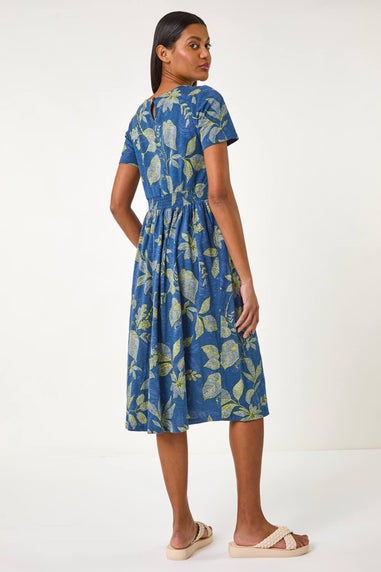 Roman Denim Leaf Print Stretch Midi Dress
