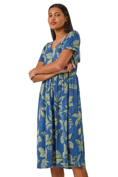 Roman Denim Leaf Print Stretch Midi Dress