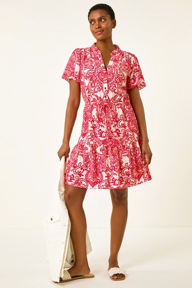 Roman Red Floral Print Frill Hem Shirt Dress