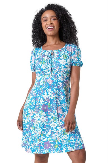 Roman Blue Petite Floral Print Stretch Dress