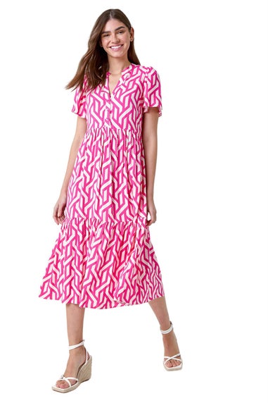 Roman Pink Geometric Print Tiered Midi Dress