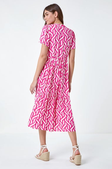 Roman Pink Geometric Print Tiered Midi Dress