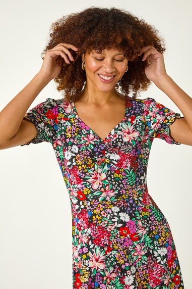 Roman Multi Floral Print Ruched Stretch Dress