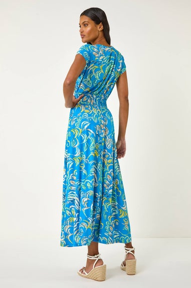 Roman Blue Abstract Ruched Maxi Dress