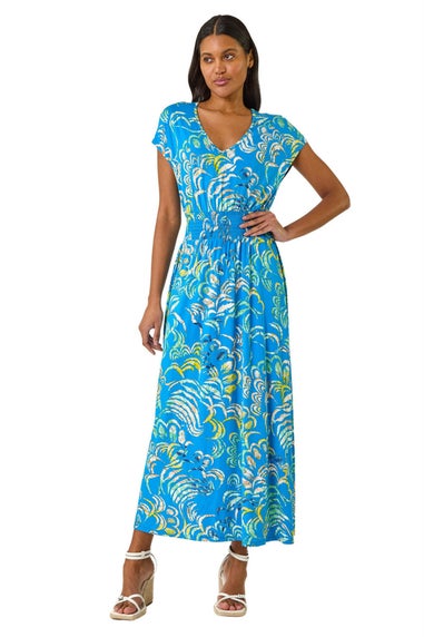 Roman Blue Abstract Ruched Maxi Dress