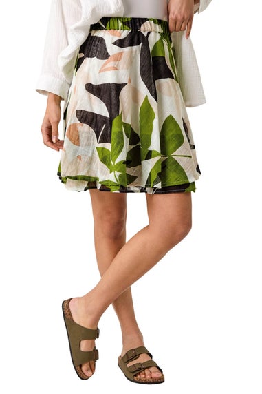 Roman Green Leaf Print Short Skirt