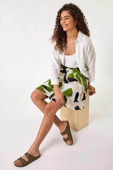 Roman Green Leaf Print Short Skirt