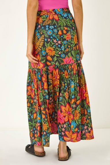 Roman Black Floral Print Tiered A Line Skirt