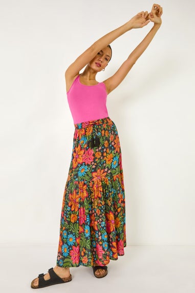 Roman Black Floral Print Tiered A Line Skirt