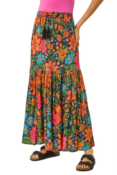 Roman Black Floral Print Tiered A Line Skirt