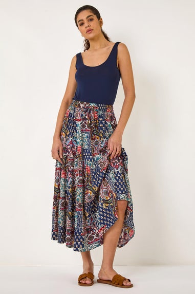 Roman Navy Patchwork Tiered Skirt