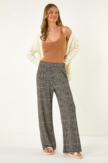 Roman Black Geometric Floral Stretch Trousers