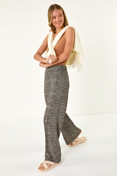 Roman Black Geometric Floral Stretch Trousers