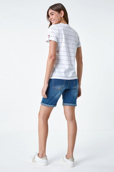 Roman White Lightning Embroidery Stripe Stretch T Shirt