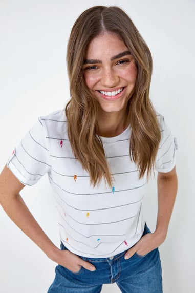 Roman White Lightning Embroidery Stripe Stretch T Shirt