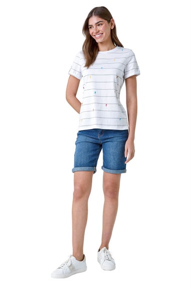 Roman White Lightning Embroidery Stripe Stretch T Shirt