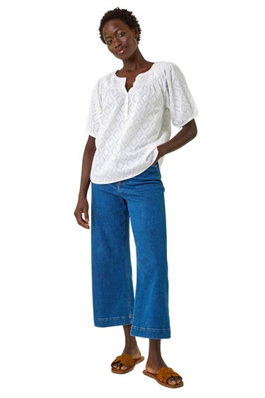 Roman Ivory Shirred Neck Textured Top