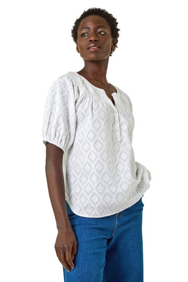 Roman Ivory Shirred Neck Textured Top