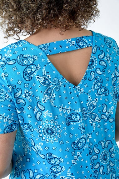 Roman Turquoise Curve Paisley Back Bar Stretch Tunic Top