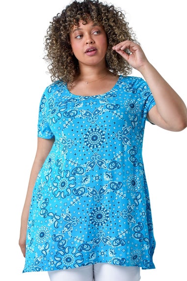 Roman Turquoise Curve Paisley Back Bar Stretch Tunic Top