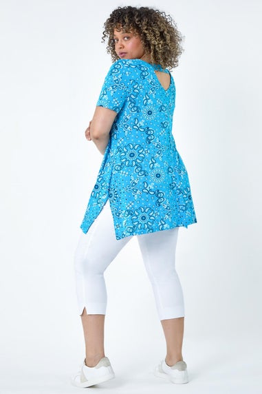 Roman Turquoise Curve Paisley Back Bar Stretch Tunic Top