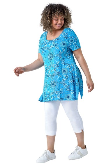 Roman Turquoise Curve Paisley Back Bar Stretch Tunic Top