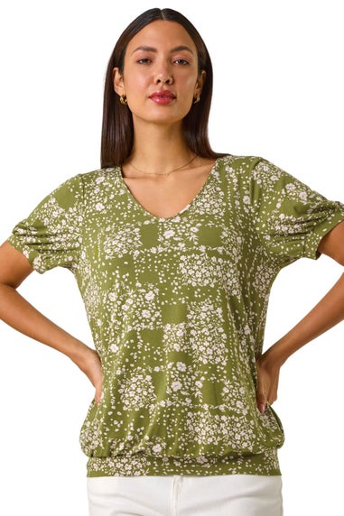 Roman Khaki Floral Print Bubble Hem Top