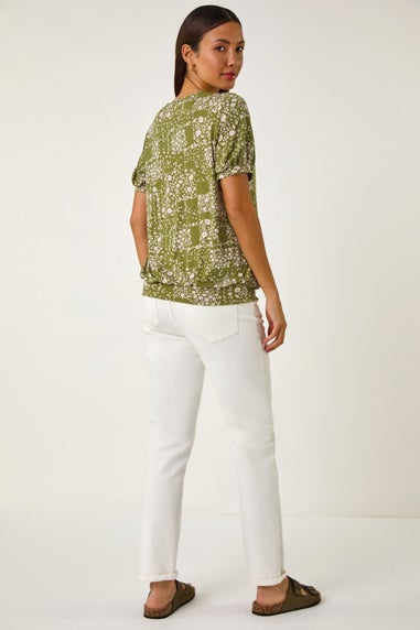 Roman Khaki Floral Print Bubble Hem Top